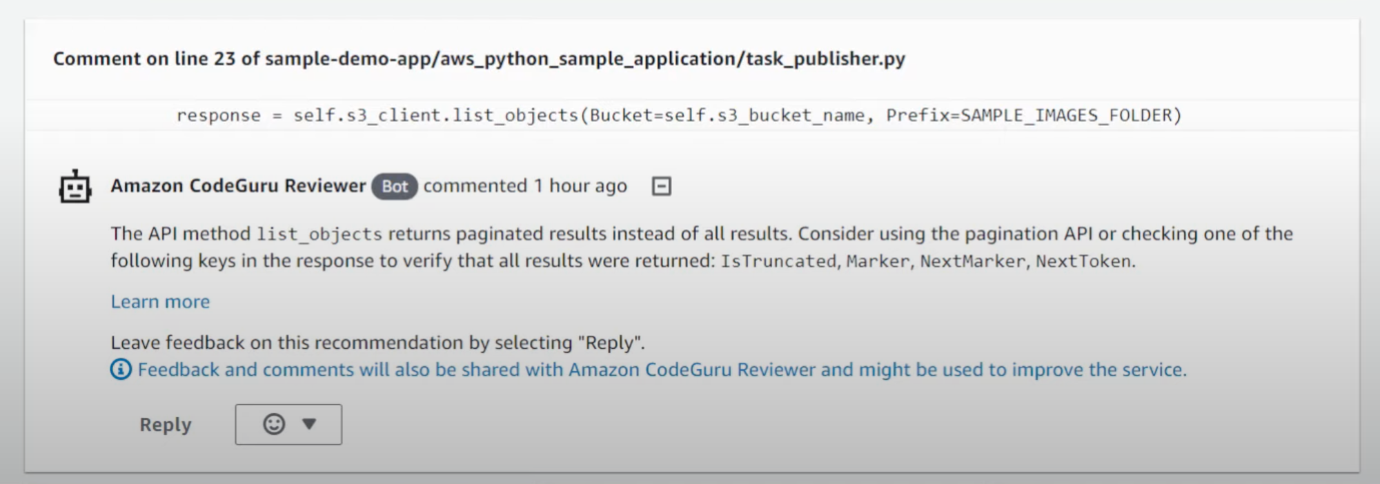 CodeGuru Reviewer simply adds automated comments to PRs. That is all.