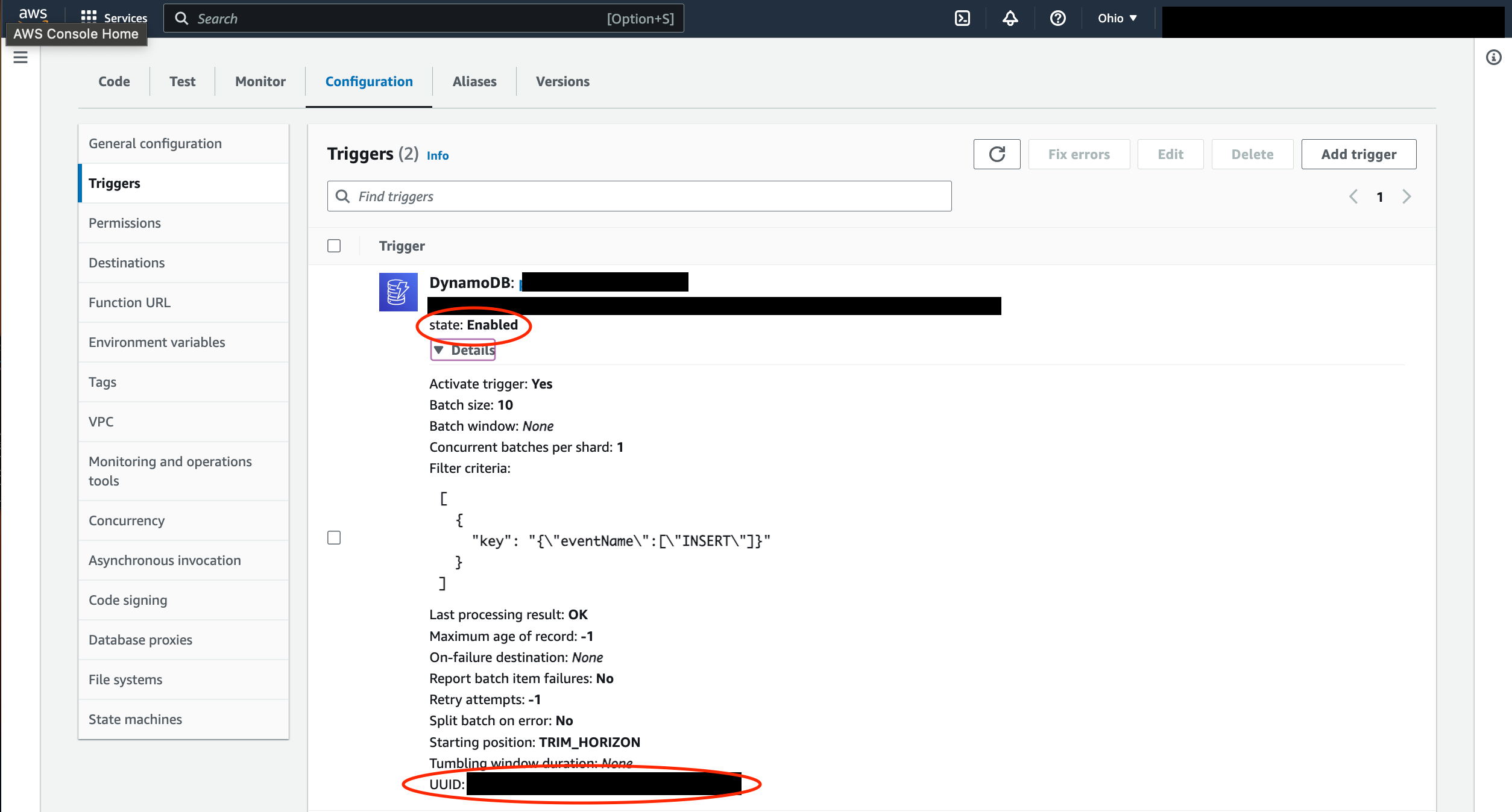 The location of your Event Source Mapping UUID and state. These can be fed into the above CLI commands.