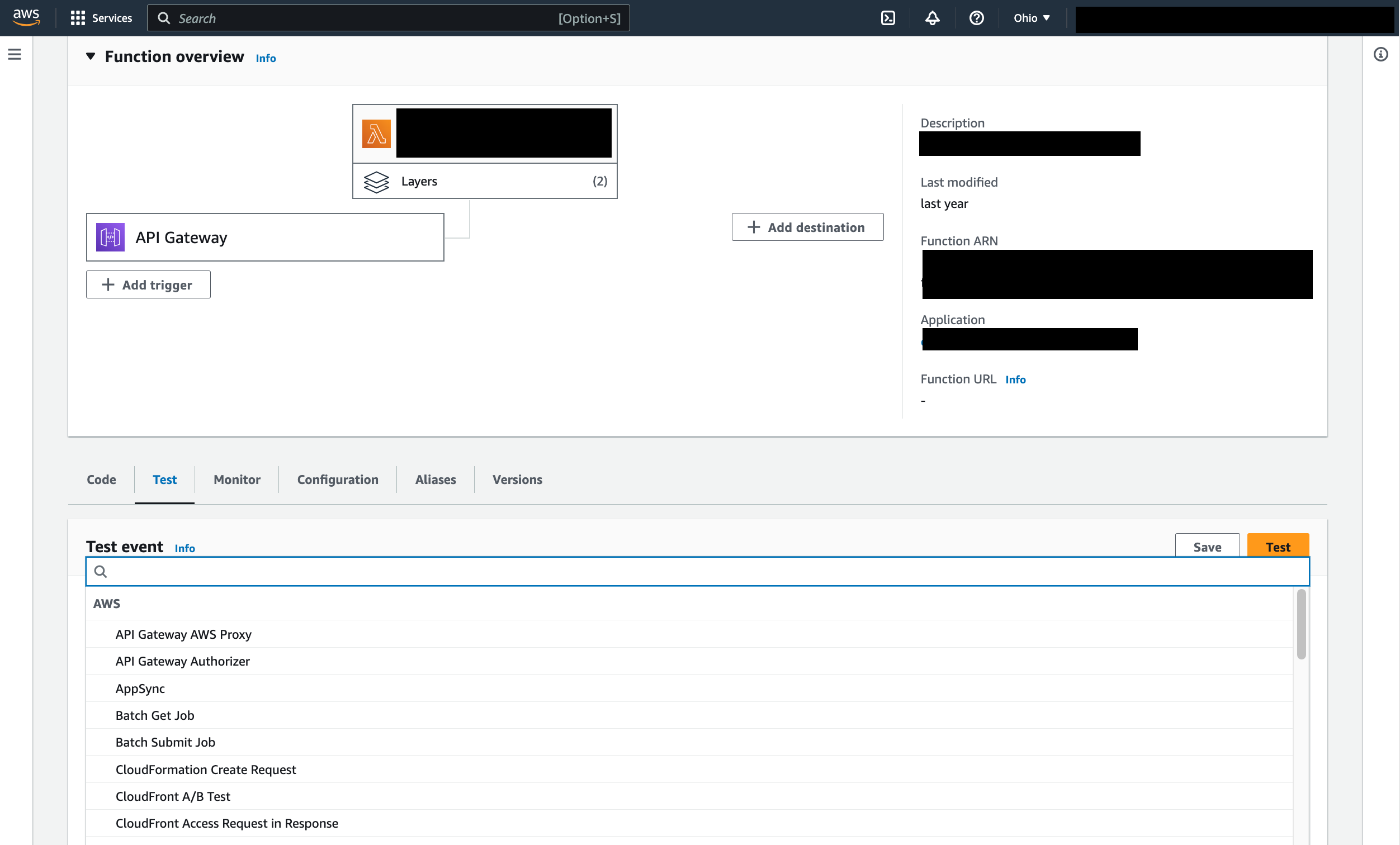 A hint for finding these poorly-documented event schemas is to visit the Lambda function “test” tab in the AWS console and find your trigger in the dropdown: