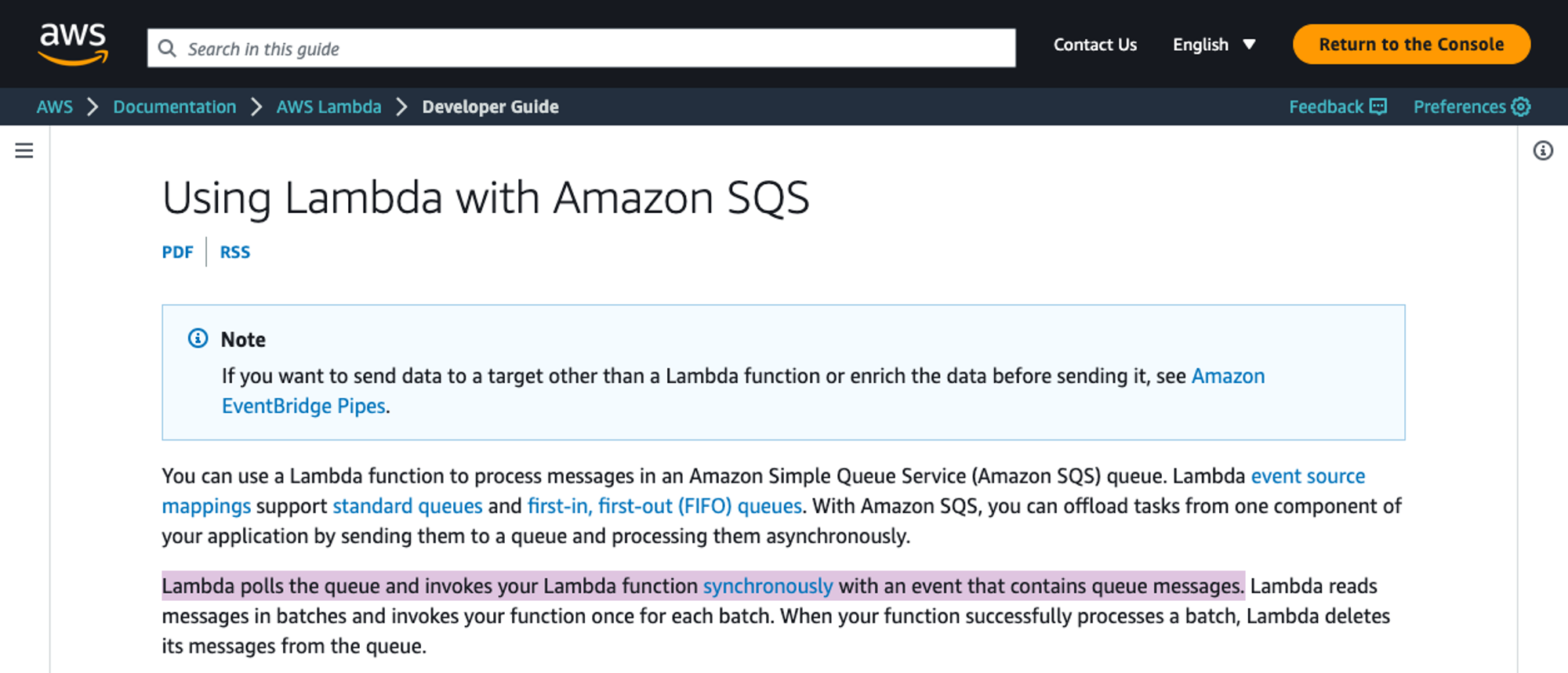 AWS Lambda’s documentation states that SQS integrations trigger functions synchronously
